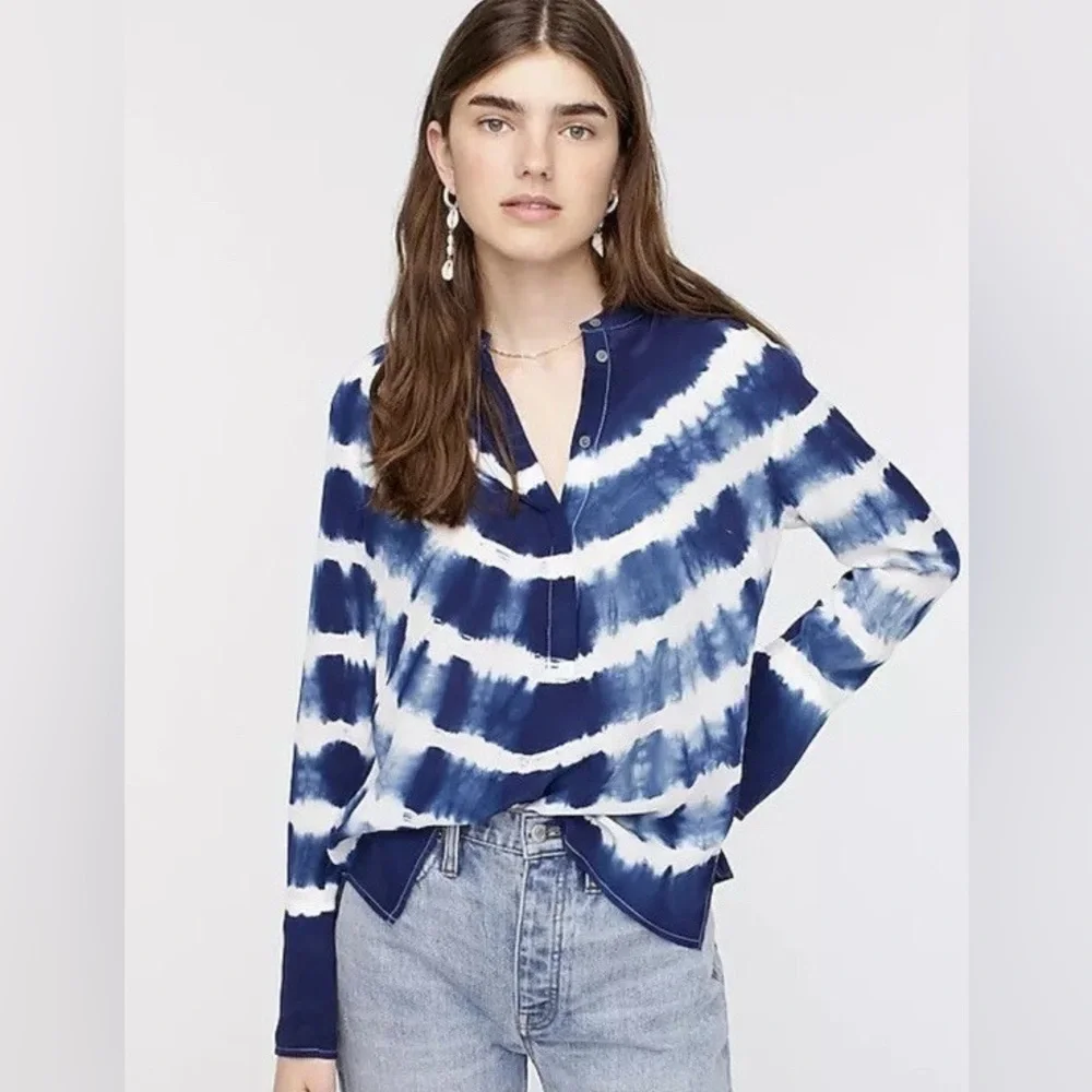 J.Crew 100% Silk Tie Dyed Shibori LS Tunic Popover Blue - Sz Small